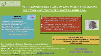 NUOVA EDIZIONE CORSO DI ALTA FORMAZIONE PER TUTOR ALLO STUDIO ADHD/DSA